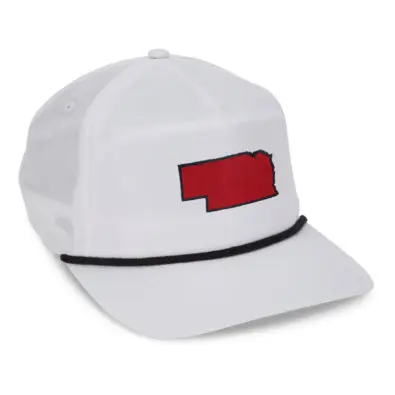 White performance cap with black rope, red state of Nebraska with black outline embroidered on front
