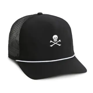 black meshback rope cap with white skull and bones embroidery