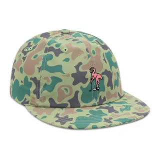 imperial camo performance fabric, flat brimmed cap, golfing flamingo embroidery