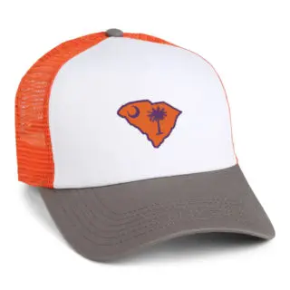 orange white and grey meshback trucker cap featuring south carolina state shape embroidery with flag fill