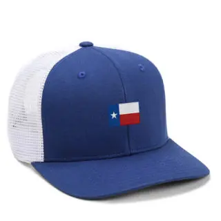 royal blue and white high crown mesh back cap with texas flag embroidery