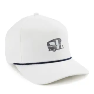 white performance cap with navy woven rope and camper embroidery