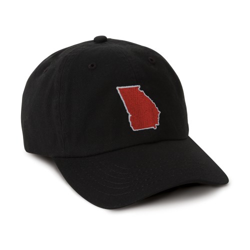 black cotton cap, 3/4 view, state of Georgia in red with white outline embroidered on front