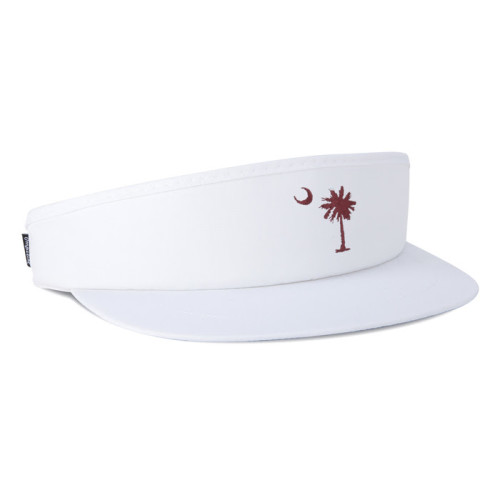 white Tour Visor, 3/4 view, palmetto and moon from South Carolina flag embroidered on front in maroon thread