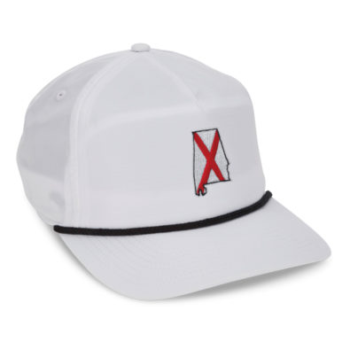 White performance cap with black rope, state of Alabama shape embroidered on front with red X from flag inside