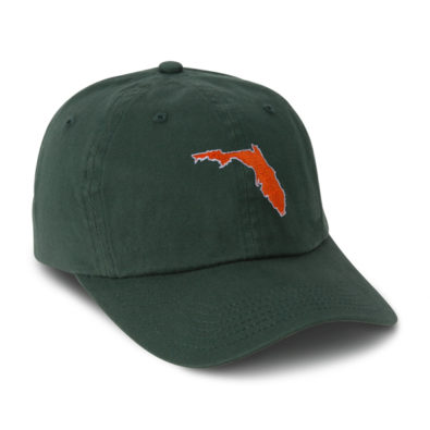 Imperial dark green washed cotton cap with state of Florida embroidered in orange with white outline
