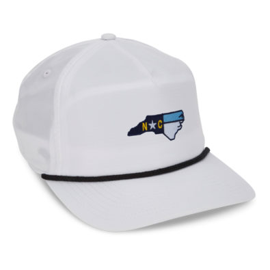 White performance cap with navy rope, state shape of North Carolina with NC flag inset embroidered on front
