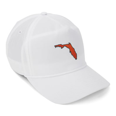 white performance cap with white rope and state of Florida embroidered in orange with royal blue outline