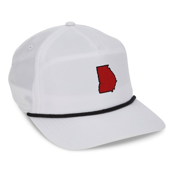 White performance cap with black rope, red state of Georgia with black outline embroidered on front