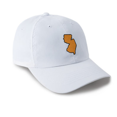 white cap with the state shape of New Jersey embroidered in gold with a black outline