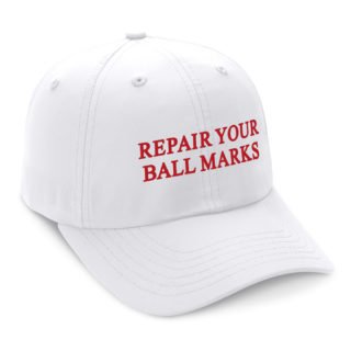 white cap with red text saying repair your ballmarks