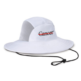 Imperial white sun protection hat with mesh sides, black chin strap, End Cancer embroidery on front