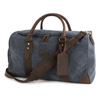 canvas and leather duffle bag in blue and brown