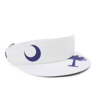 white tour visor with oversized palmetto and moon printed in blue