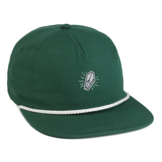 forest green 5 panel cotton cap with white rope and small embroidered logo on front