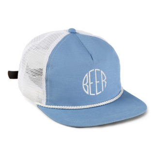 light blue 5 panel cotton cap with white rope and white mesh, BEER monogram embroidery