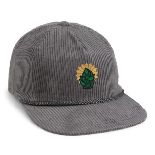charcoal grey corduroy 5 panel cap with matching rope, Hop Saint embroidery on front