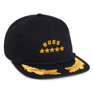 navy blue 5 panel cap with royal rope and gold scrambled eggs embroidery on visor, boss embroidered on front