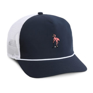 navy 5 panel rope cap with white mesh and flamingo embroidery