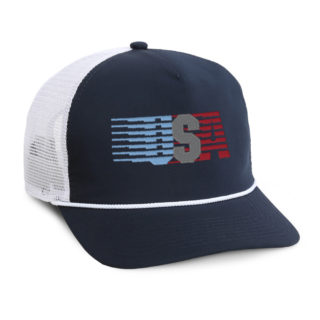 navy 5 panel rope cap with white mesh side and back panels and USA embroidered on front