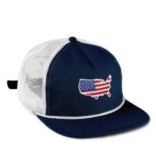 navy cotton rope cap, flat brim, white mesh side and back panels, USA silhouette with flag inset