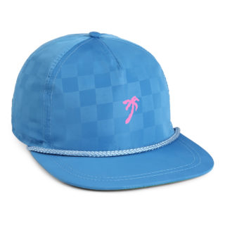light blue tonal square pattern fabric 5 panel rope cap, pink palm tree embroidery