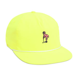 neon pink 5 panel cap with white rope and yellow flamingo embroidery