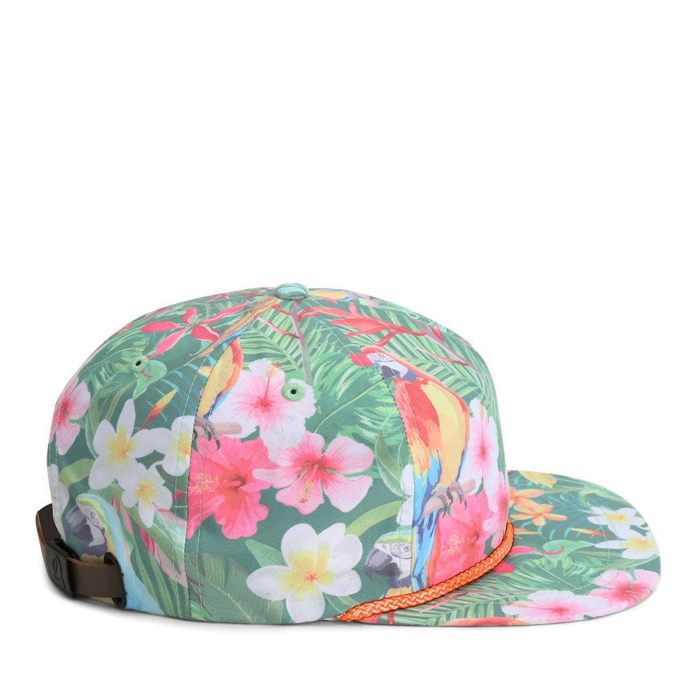 colorful floral print cap with orange rope side view