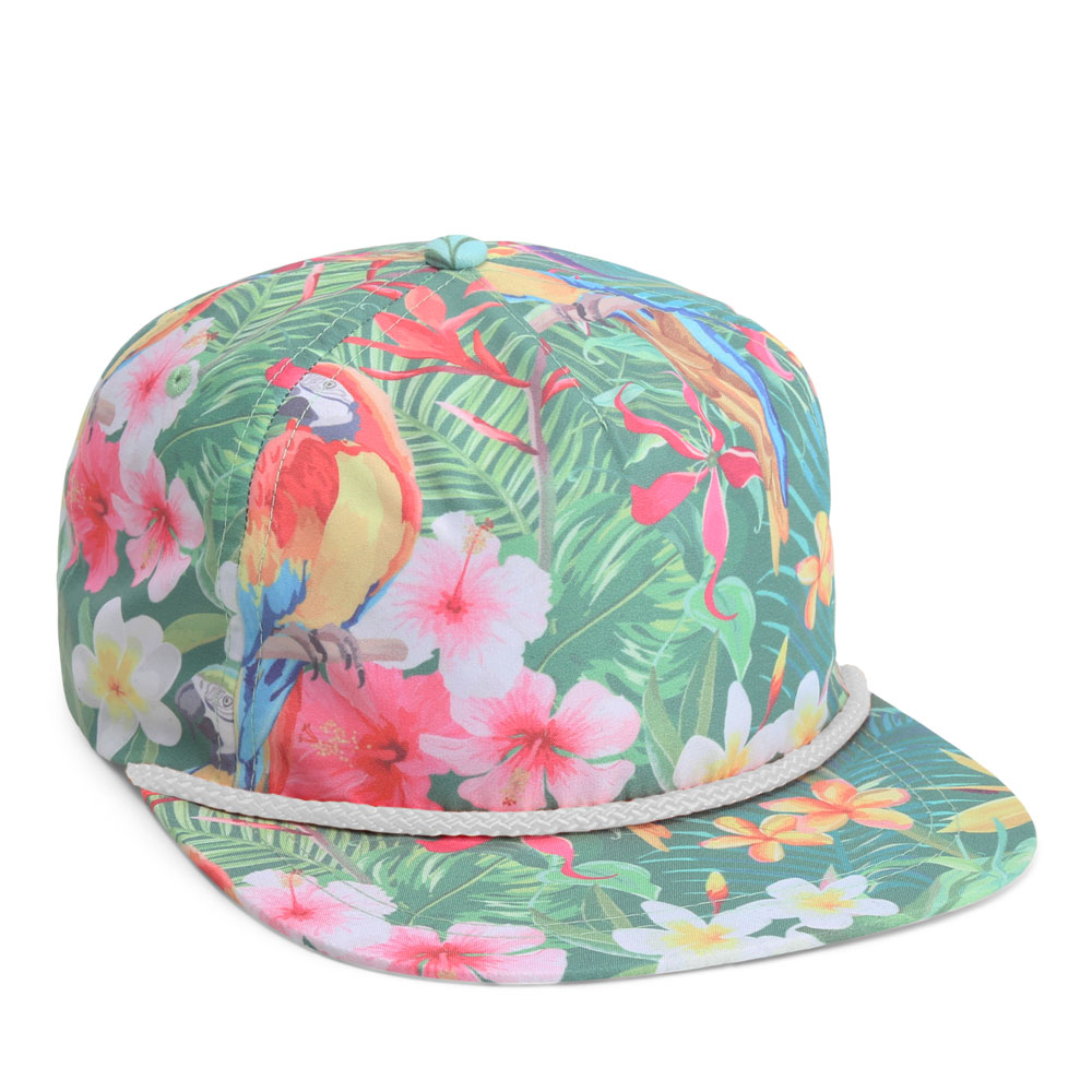 floral printed 5 panel cap with flat brim and rope
