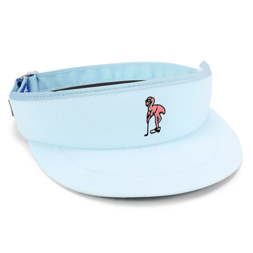 light blue terry cloth tour visor with flamingo golfer embroidery