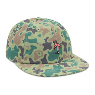 imperial camo performance fabric, flat brimmed cap, golfing flamingo embroidery