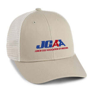 Junior Golf Association of Arizona khaki cap with white mesh