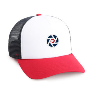 red white and blue mesh back trucker cap with golf in your state circle logo embroidery
