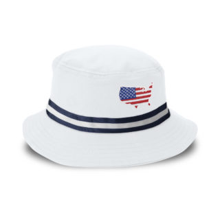 white performance bucket hat with navy and white woven striped band and usa embroidery