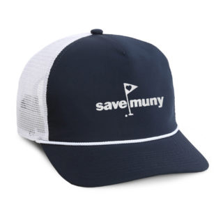 navy and white meshback rope cap with save muny embroidery