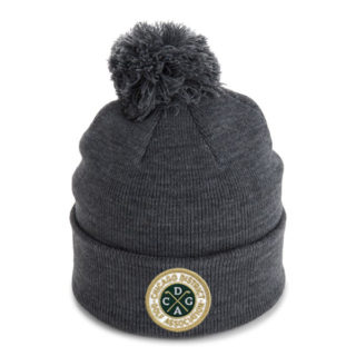 grey acrylic knit hat with patching pom and cdga circle patch