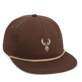 brown flat bill rope cap with buck embroidery