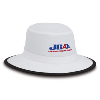white and black sun protection hat with junior golf association of arizona embroidery