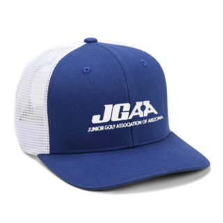 Junior Golf Association of Arizona royal blue high crown cap with white mesh