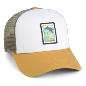 white olive and wheat meshback trucker cap with rectangular patch featuring lee wybranski's 2021 u.s. open poster art