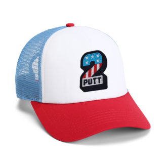red white and blue mesh back trucker cap with slackertide 2 putt patch