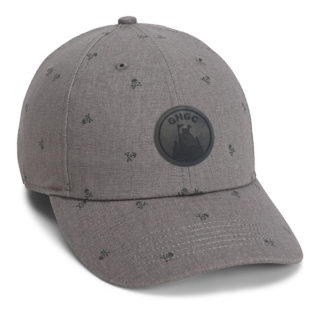 gray colored cotton canvas cap with all over skull and crossbones print and goat hill golf course leather patch