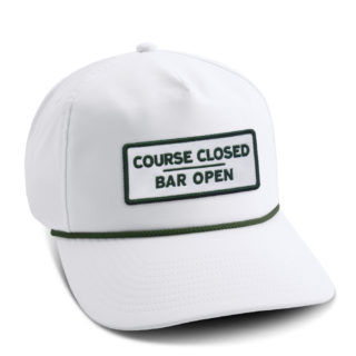 white retro fit performance cap with green rope and slackertide course closed bar open patch