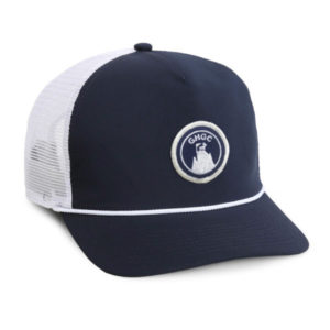 navy and white mesh back rope cap with goat hill golf club patch