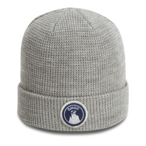 light gray waffle knit hat with goat hill golf club patch