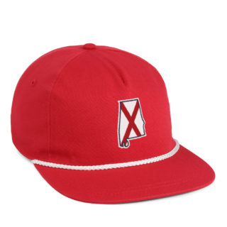 red flat bill cap with white rope and alabama state shape embroidery