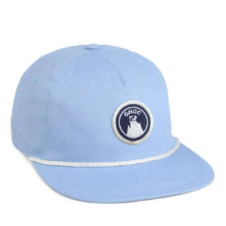 light blue flat bill rope cap with goat hill golf course patch