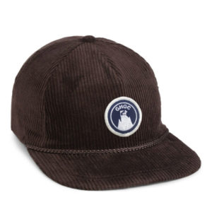 brown corduroy flat bill rope cap with goat hill golf course patch