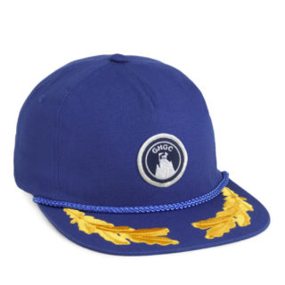 royal blue rope cap with scrambled eggs applique and goat hill golf course patch