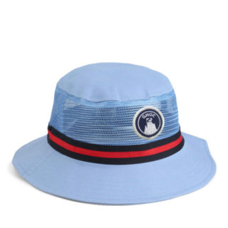 garment washed light blue cotton and mesh bucket hat with goat hill golf course patch